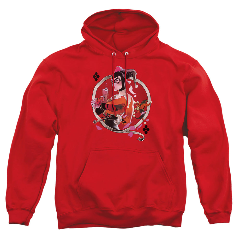 AN OFFCIALLY LICENSED BATMAN HARLEY Q ADULT UNISEX PULLOVER HOODIE RED