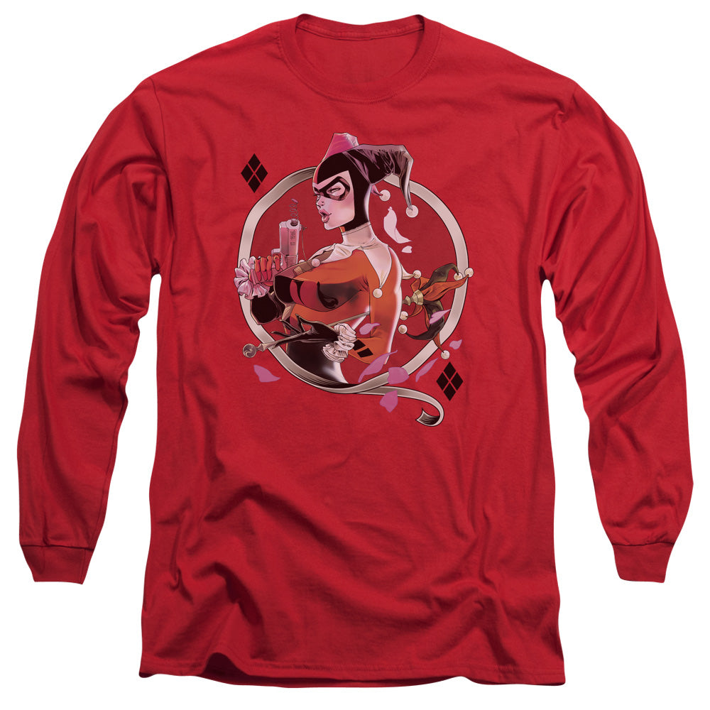 AN OFFCIALLY LICENSED BATMAN HARLEY Q MEN'S LONG SLEEVE T-SHIRT RED