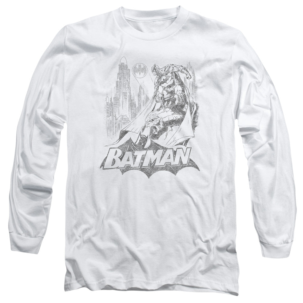 AN OFFCIALLY LICENSED BATMAN BAT SKETCH MEN'S LONG SLEEVE T-SHIRT WHITE