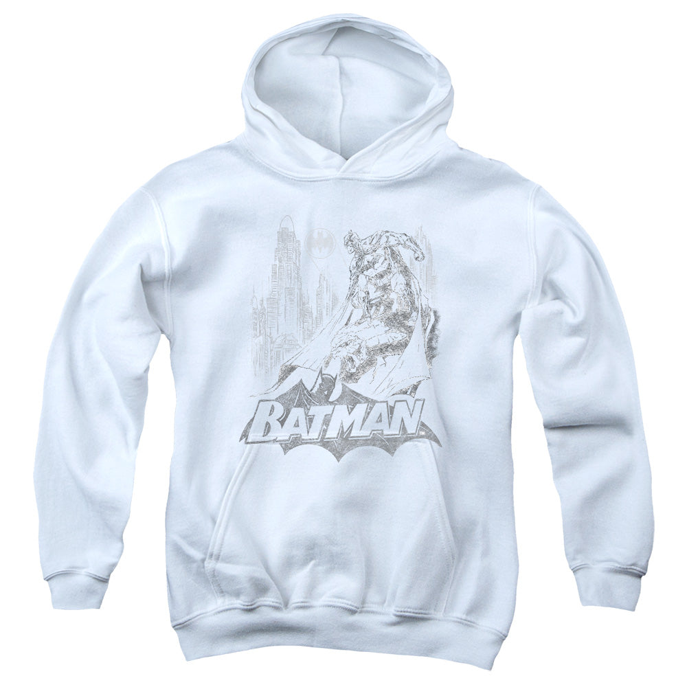 AN OFFCIALLY LICENSED BATMAN BAT SKETCH YOUTH HOODIE WHITE