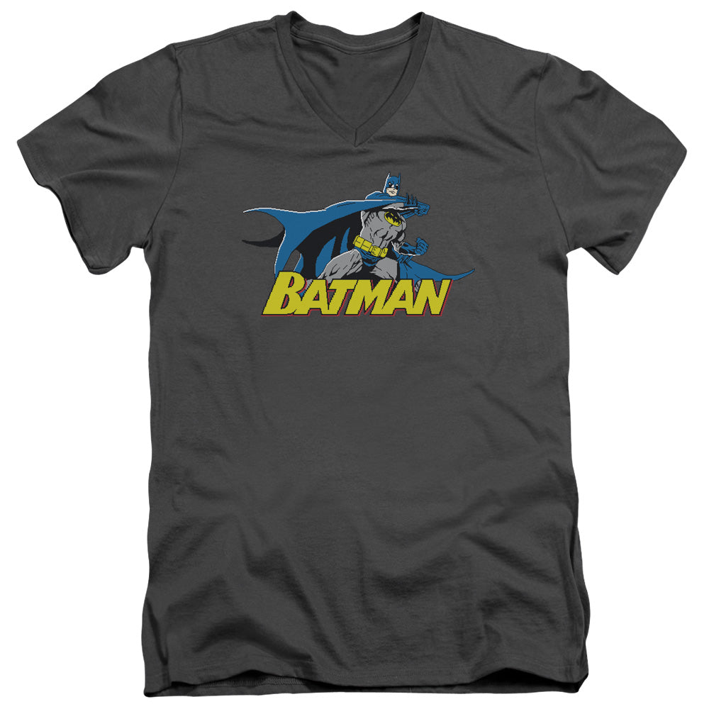 AN OFFCIALLY LICENSED BATMAN 8 BIT CAPE MEN'S V-NECK T-SHIRT CHARCOAL