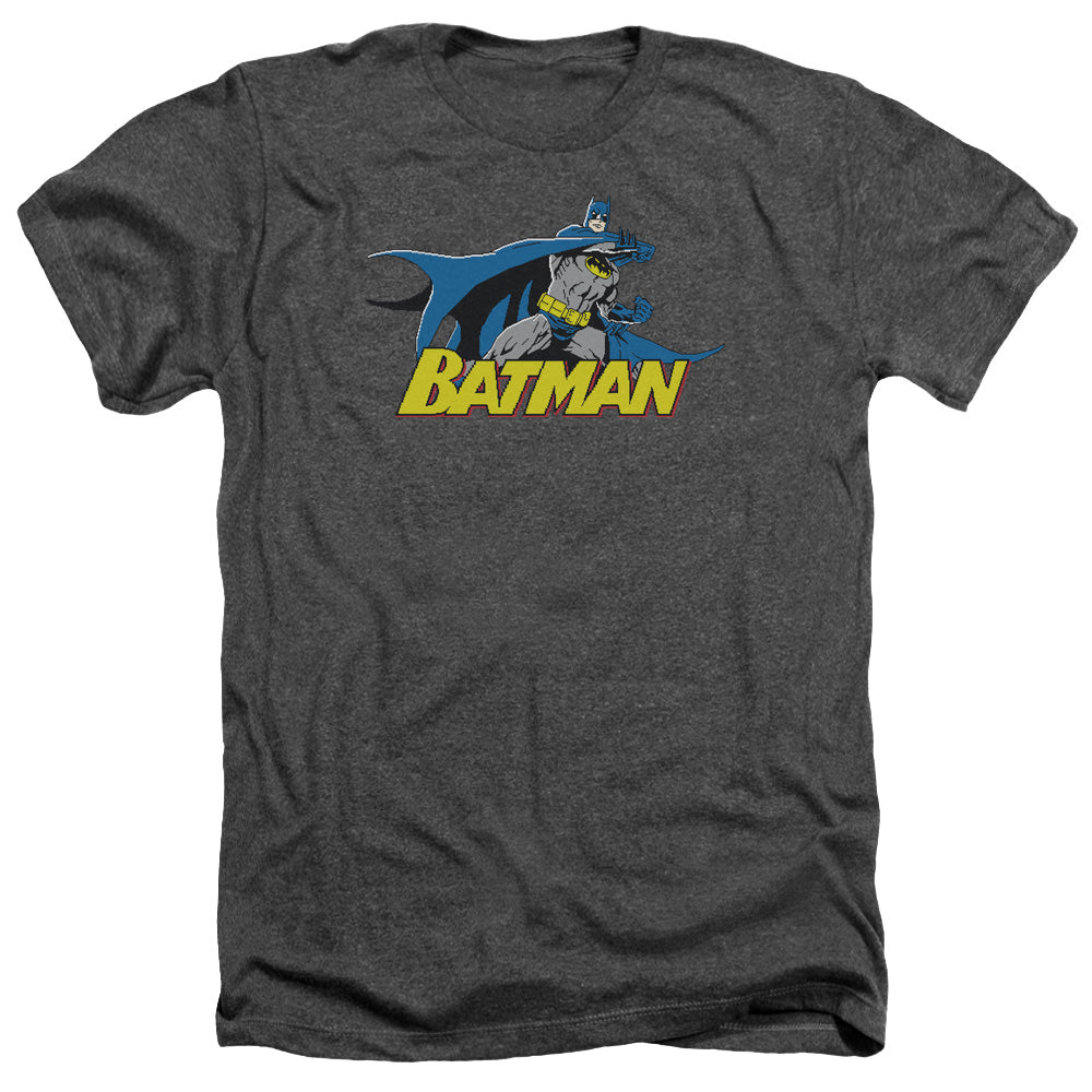 AN OFFCIALLY LICENSED BATMAN 8 BIT CAPE MEN'S HEATHER T-SHIRT CHARCOAL