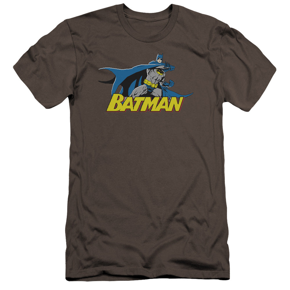 AN OFFCIALLY LICENSED BATMAN 8 BIT CAPE MEN'S PREMIUM SLIM FIT T-SHIRT CHARCOAL