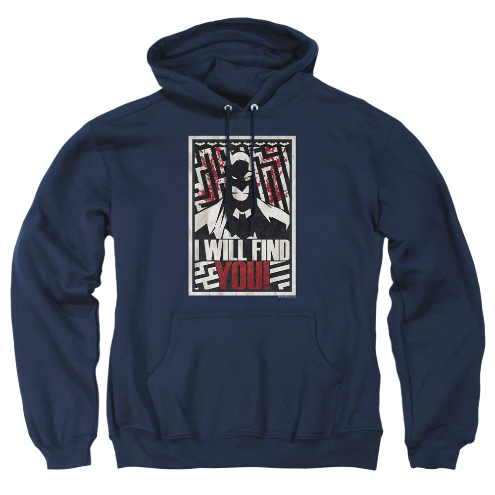 AN OFFCIALLY LICENSED BATMAN I WILL FND YOU ADULT UNISEX PULLOVER HOODIE NAVY