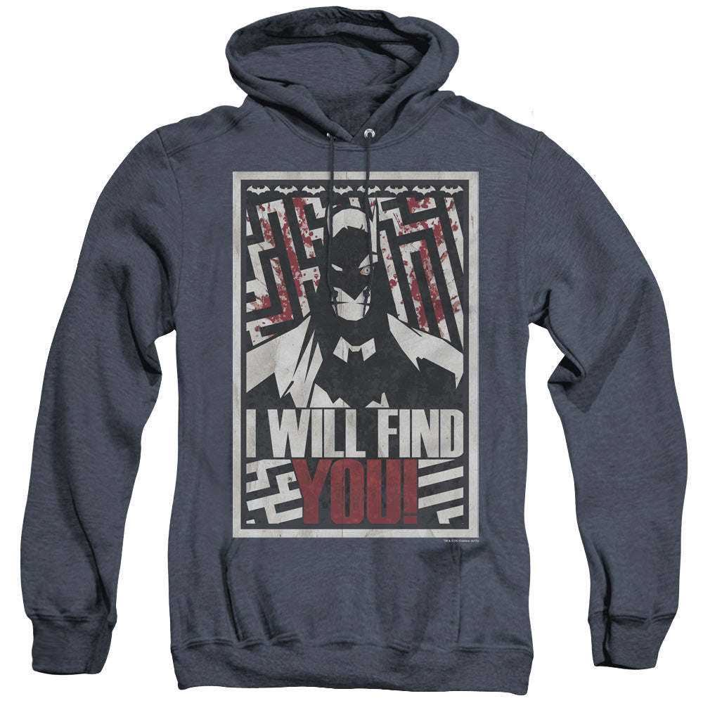 AN OFFCIALLY LICENSED BATMAN I WILL FND YOU ADULT UNISEX HEATHER PULLOVER HOODIE NAVY