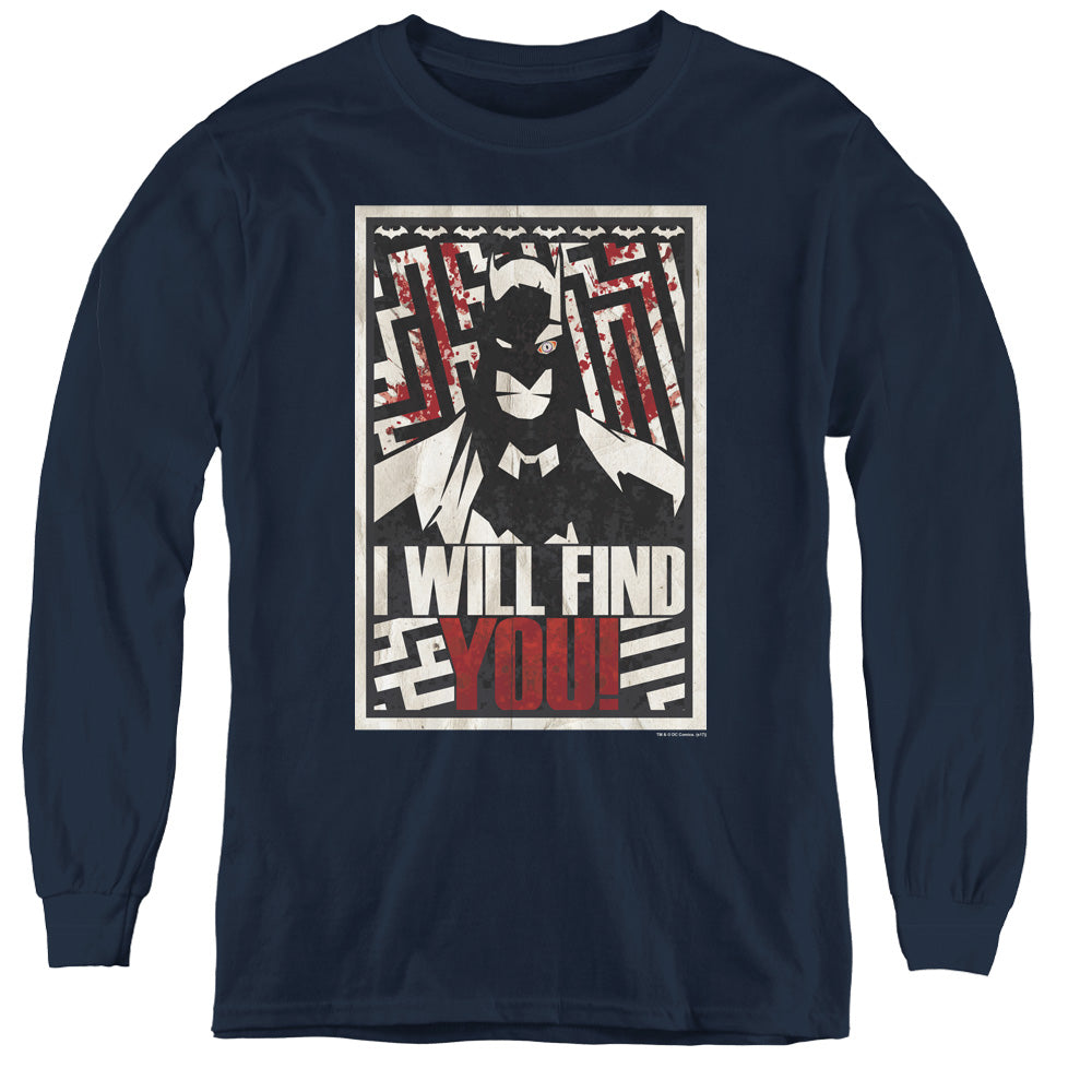 AN OFFCIALLY LICENSED BATMAN I WILL FND YOU YOUTH LONG SLEEVE T-SHIRT NAVY
