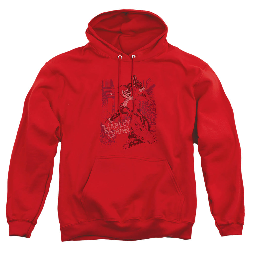 AN OFFCIALLY LICENSED BATMAN HARLEYS PACKING ADULT UNISEX PULLOVER HOODIE RED