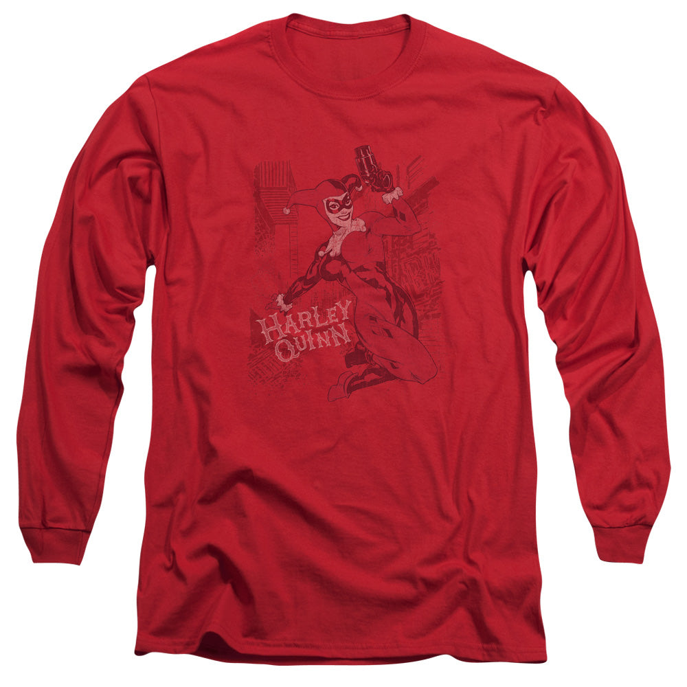 AN OFFCIALLY LICENSED BATMAN HARLEYS PACKING MEN'S LONG SLEEVE T-SHIRT RED