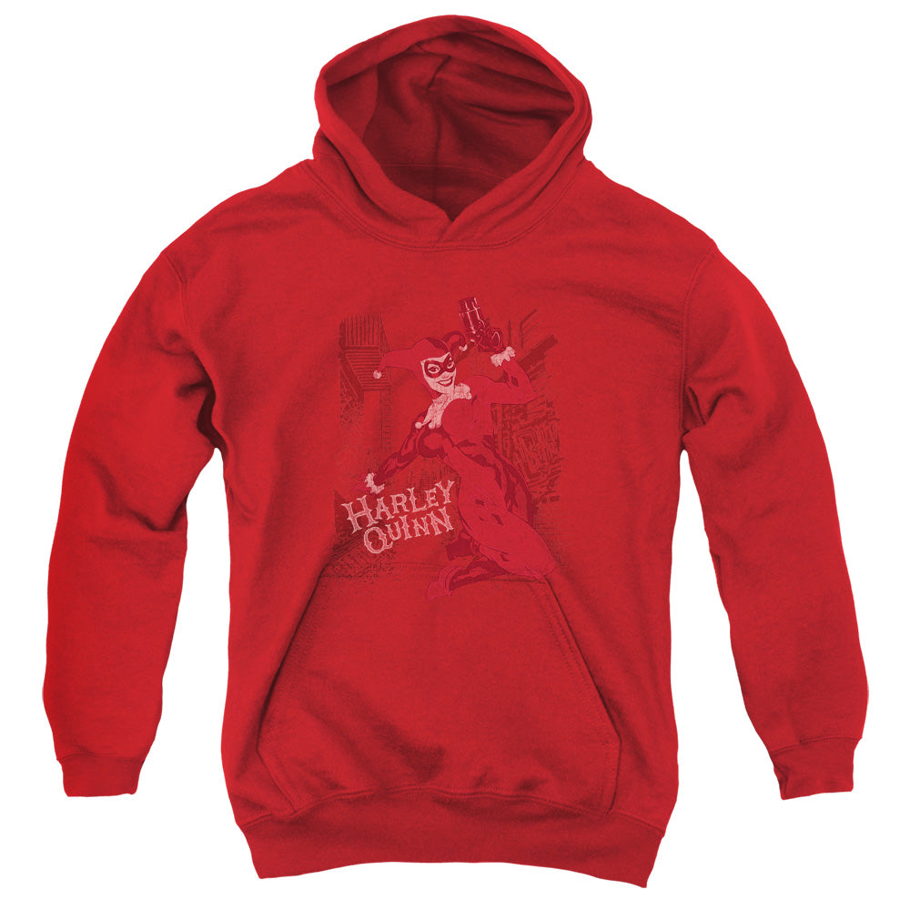 AN OFFCIALLY LICENSED BATMAN HARLEYS PACKING YOUTH HOODIE RED