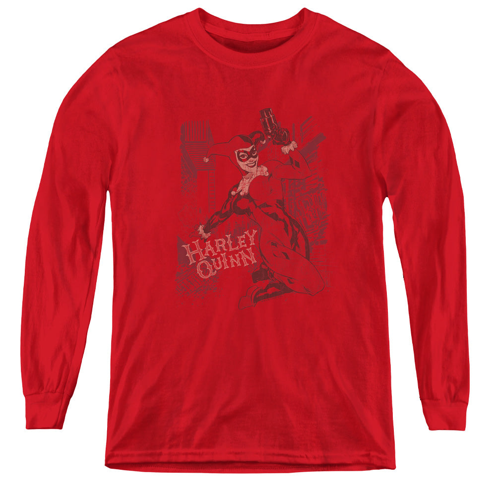 AN OFFCIALLY LICENSED BATMAN HARLEYS PACKING YOUTH LONG SLEEVE T-SHIRT RED