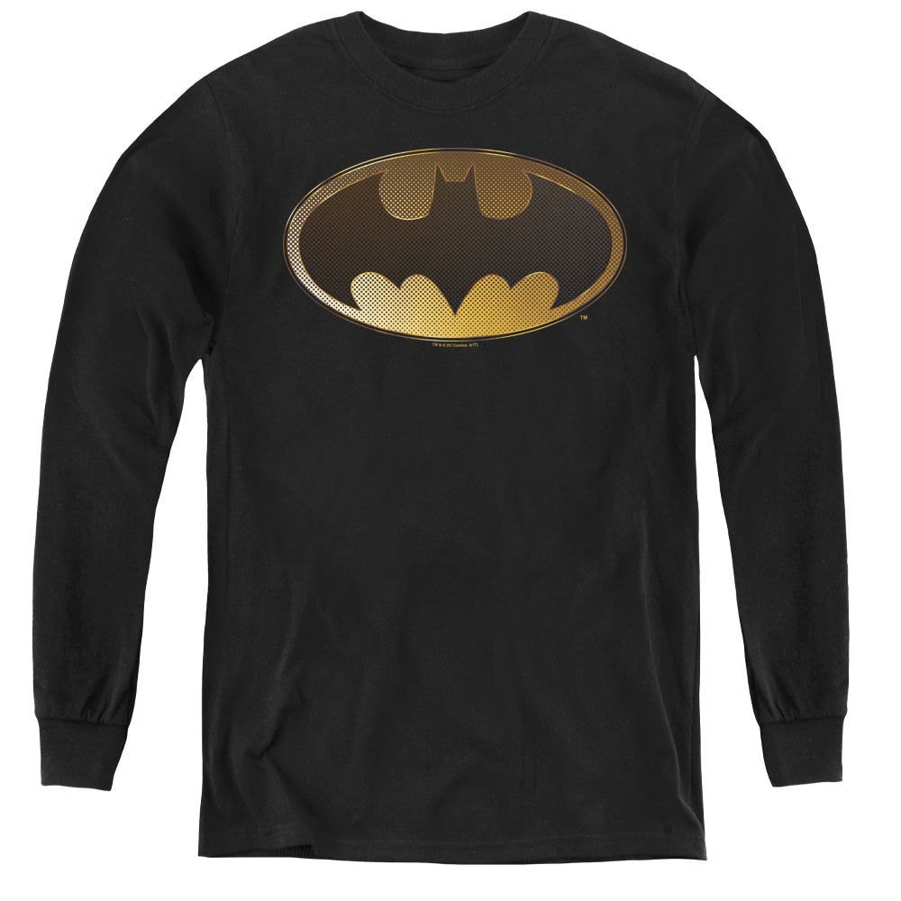 AN OFFCIALLY LICENSED BATMAN HALFTONE BAT YOUTH LONG SLEEVE T-SHIRT BLACK