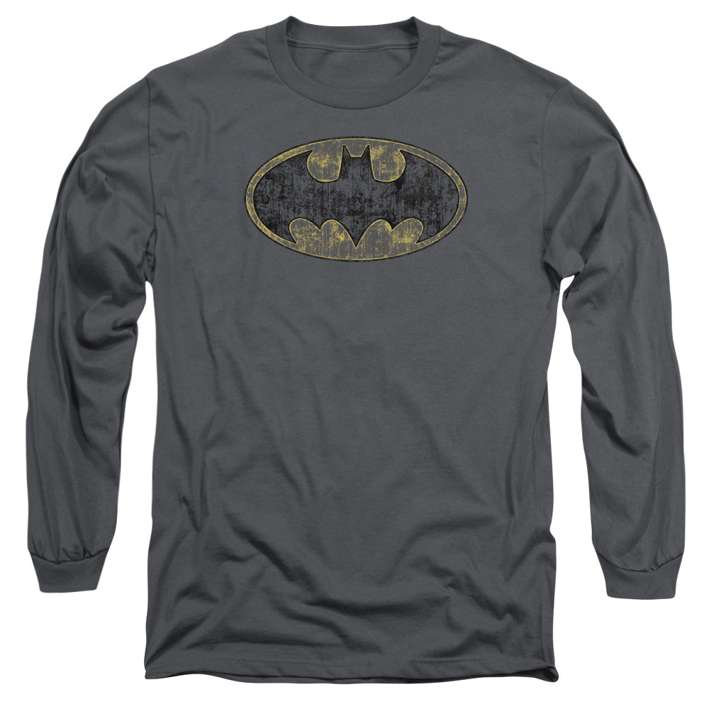 AN OFFCIALLY LICENSED BATMAN TATTERED LOGO MEN'S LONG SLEEVE T-SHIRT CHARCOAL