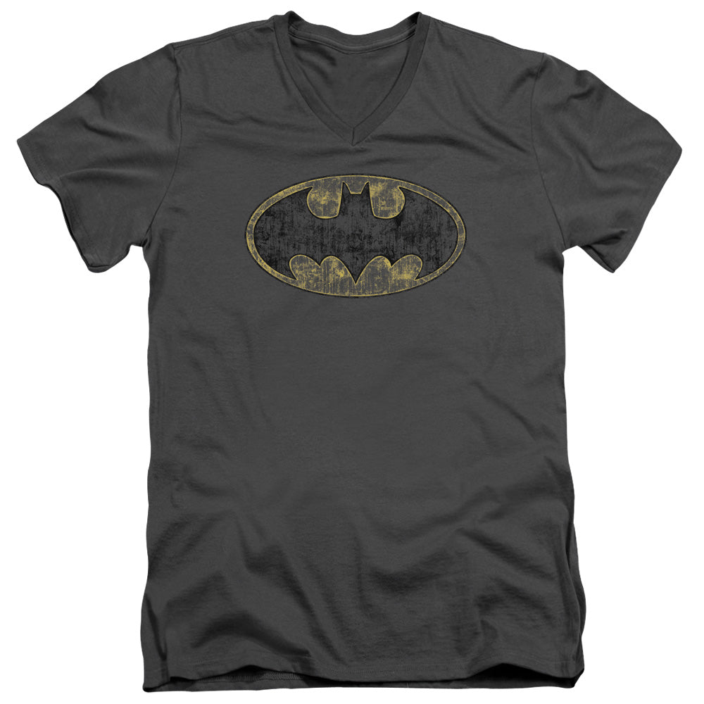 AN OFFCIALLY LICENSED BATMAN TATTERED LOGO MEN'S V-NECK T-SHIRT CHARCOAL
