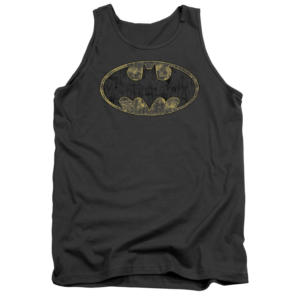 AN OFFCIALLY LICENSED BATMAN TATTERED LOGO ADULT UNISEX TANK TOP CHARCOAL