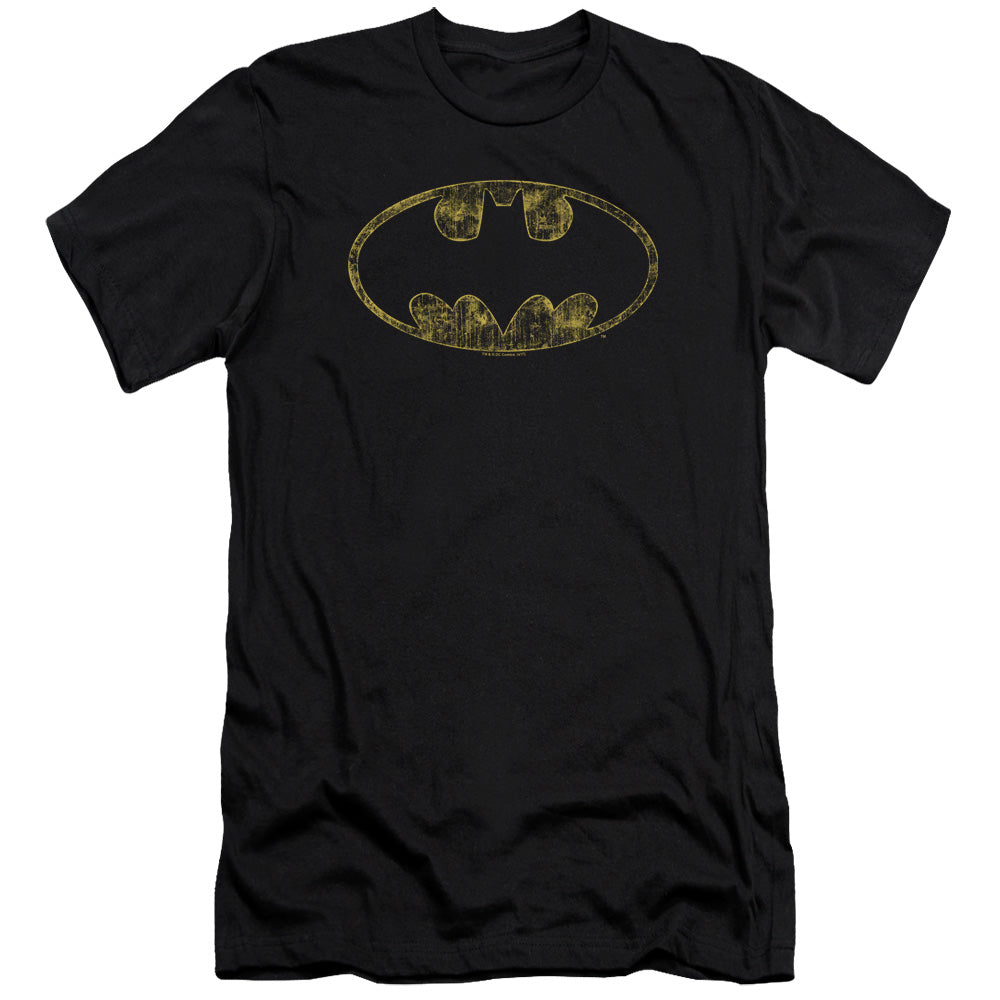 AN OFFCIALLY LICENSED BATMAN TATTERED LOGO MEN'S PREMIUM SLIM FIT T-SHIRT BLACK