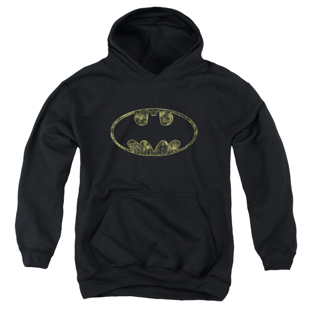 AN OFFCIALLY LICENSED BATMAN TATTERED LOGO YOUTH HOODIE BLACK