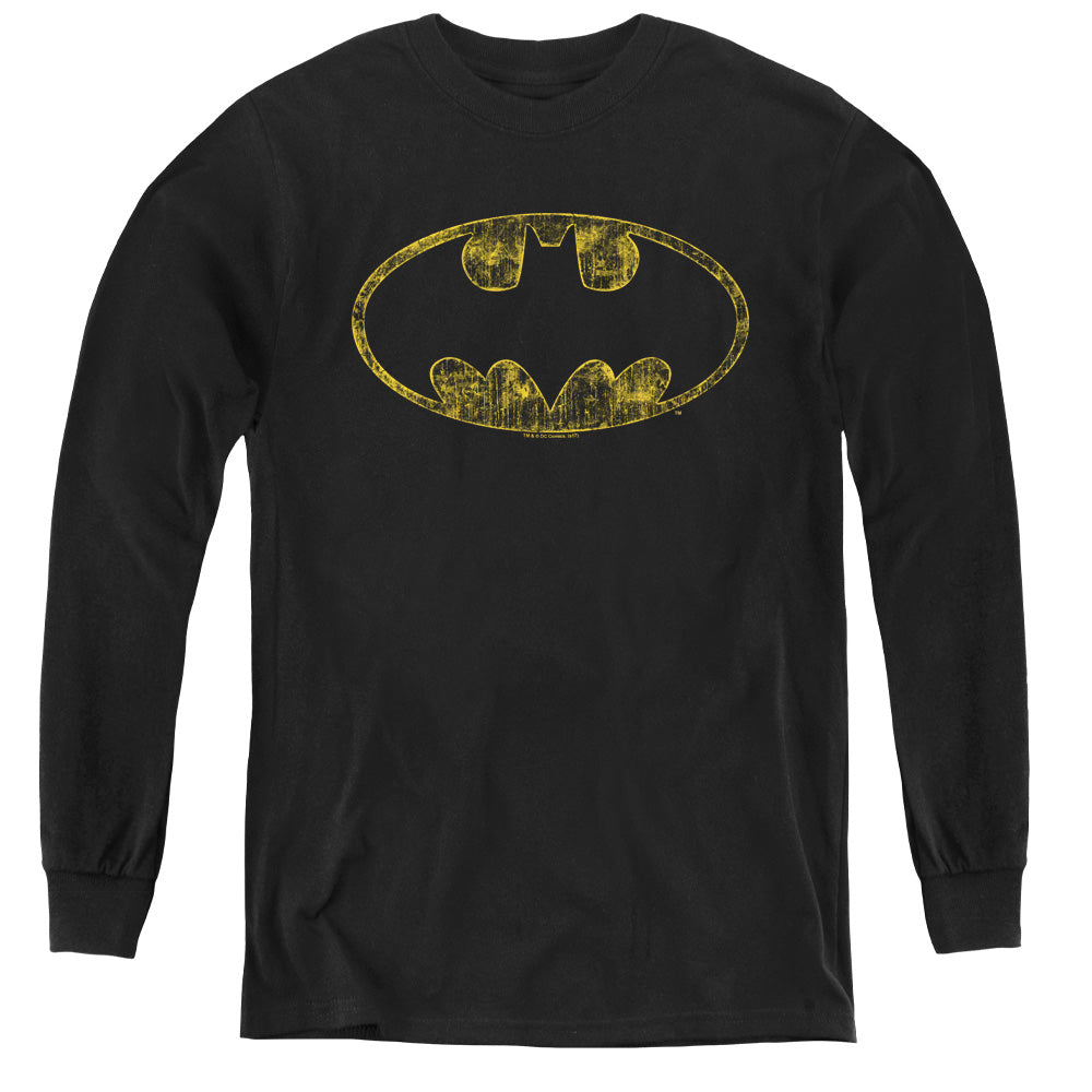 AN OFFCIALLY LICENSED BATMAN TATTERED LOGO YOUTH LONG SLEEVE T-SHIRT BLACK