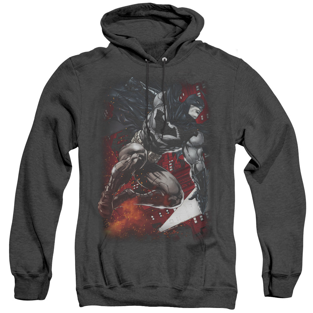 AN OFFCIALLY LICENSED BATMAN SPARKS LEAP ADULT UNISEX HEATHER PULLOVER HOODIE BLACK