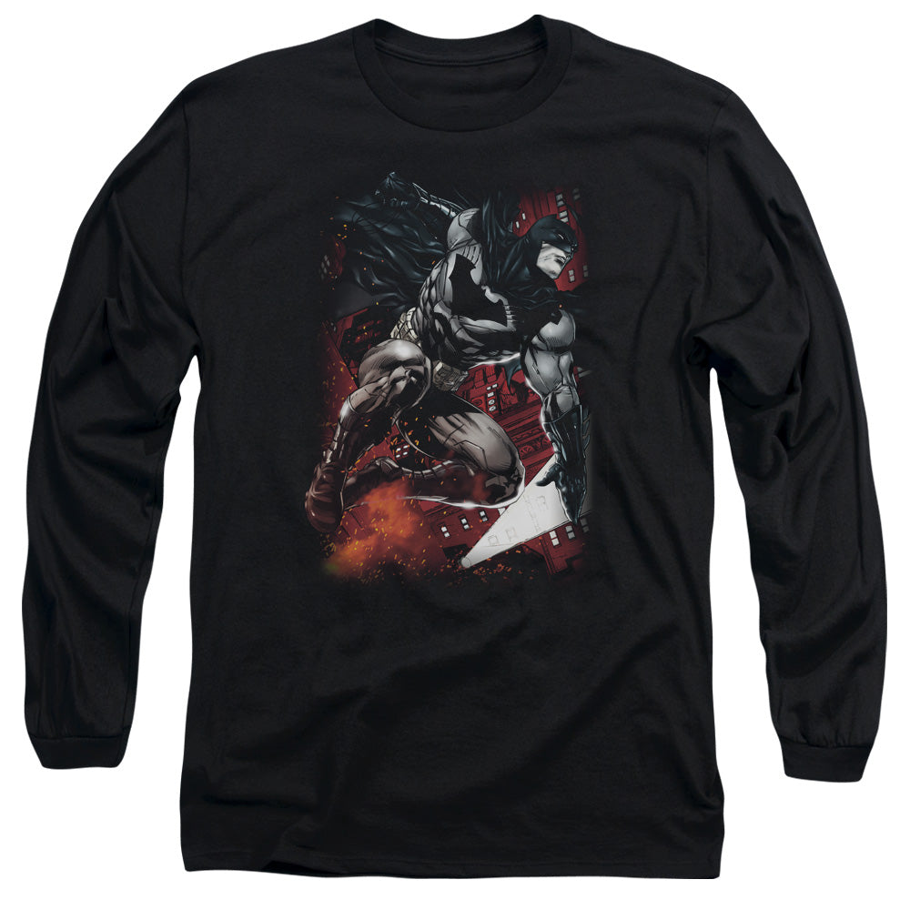 AN OFFCIALLY LICENSED BATMAN SPARKS LEAP MEN'S LONG SLEEVE T-SHIRT BLACK
