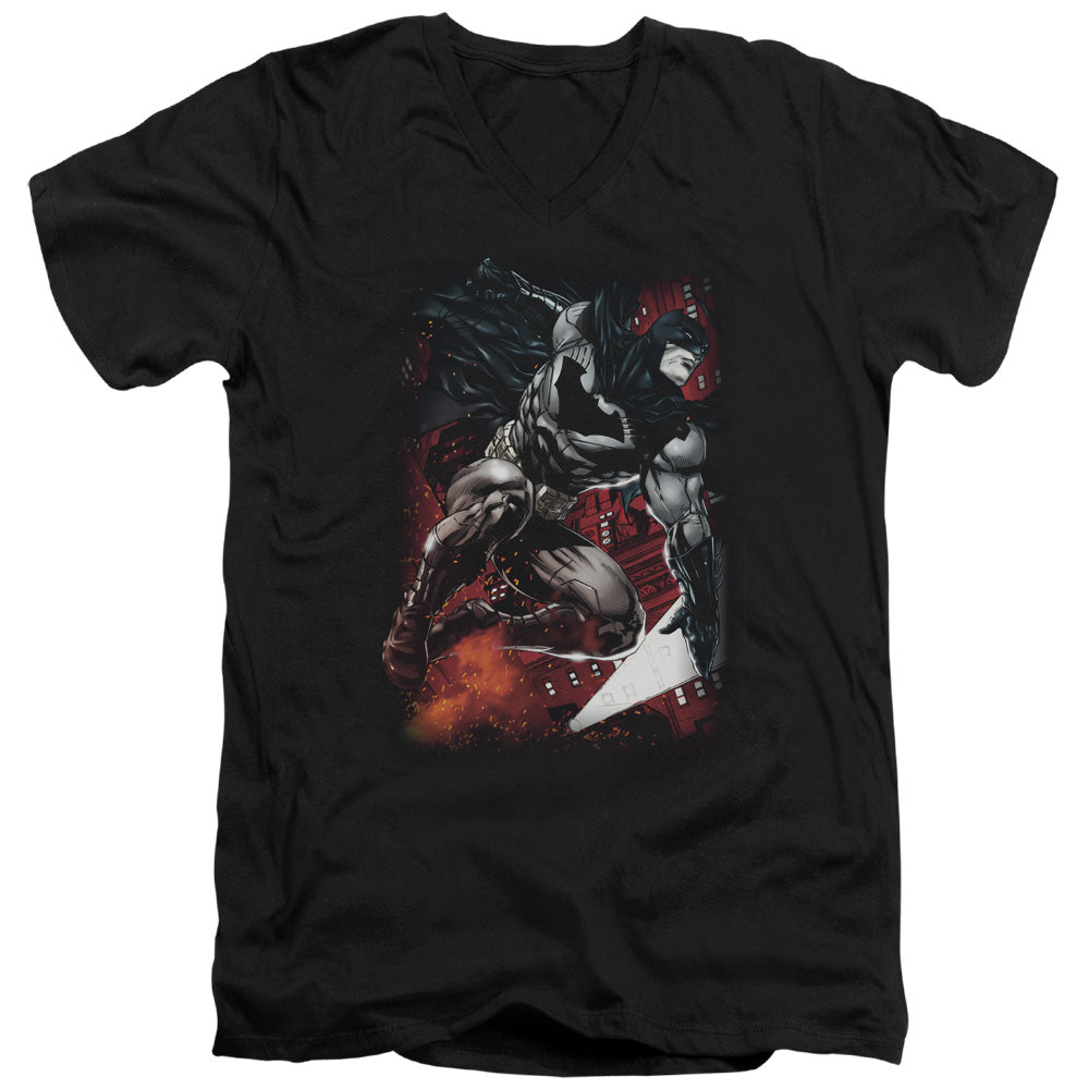 AN OFFCIALLY LICENSED BATMAN SPARKS LEAP MEN'S V-NECK T-SHIRT BLACK