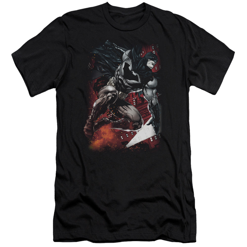 AN OFFCIALLY LICENSED BATMAN SPARKS LEAP MEN'S PREMIUM SLIM FIT T-SHIRT BLACK