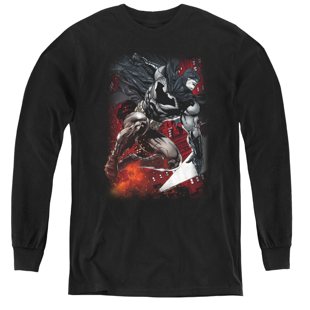 AN OFFCIALLY LICENSED BATMAN SPARKS LEAP YOUTH LONG SLEEVE T-SHIRT BLACK