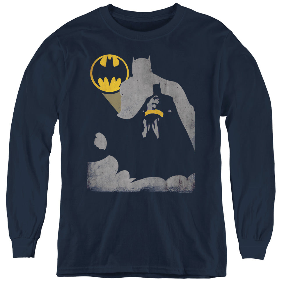 AN OFFCIALLY LICENSED BATMAN BAT KNOCKOUT YOUTH LONG SLEEVE T-SHIRT NAVY