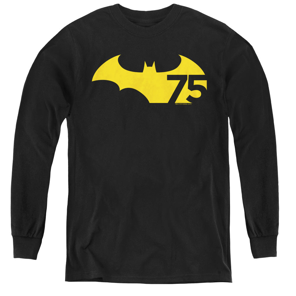 AN OFFCIALLY LICENSED BATMAN 75 LOGO 2 YOUTH LONG SLEEVE T-SHIRT BLACK