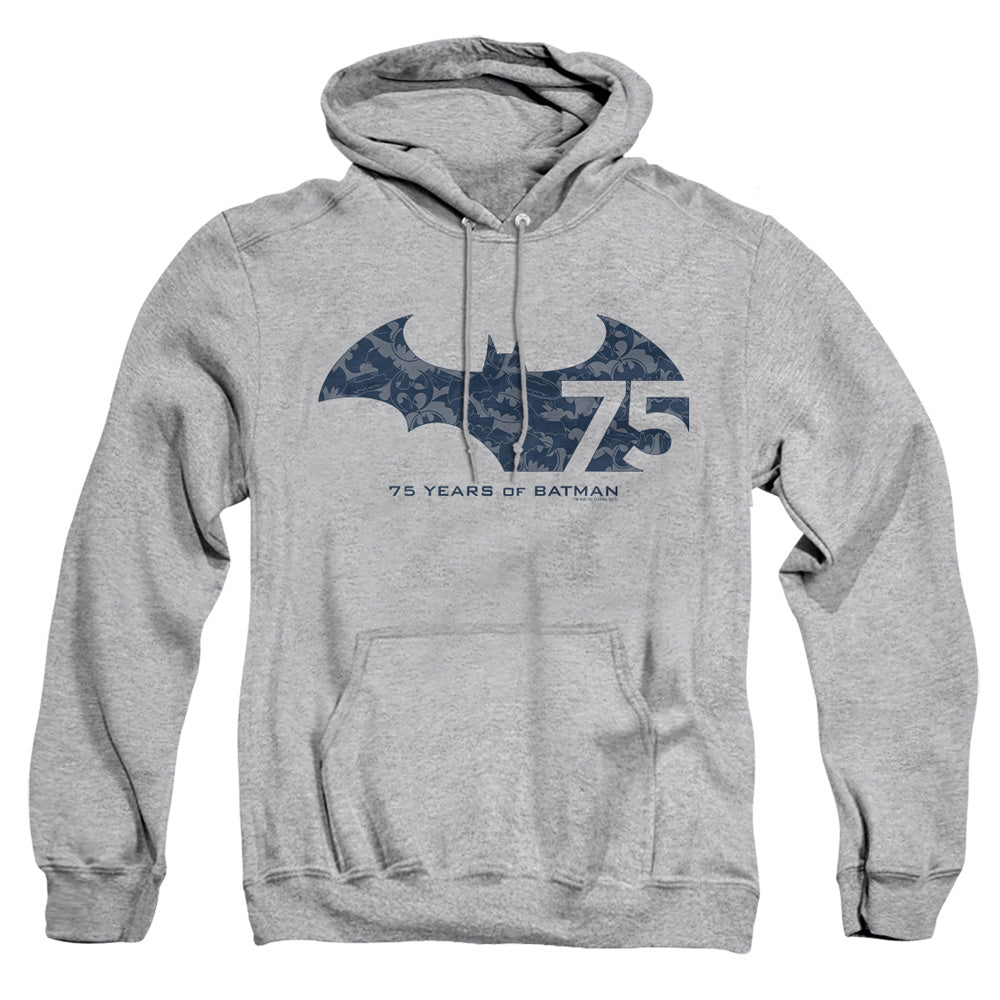 AN OFFCIALLY LICENSED BATMAN 75 YEAR COLLAGE ADULT UNISEX PULLOVER HOODIE ATHLETIC HEATHER