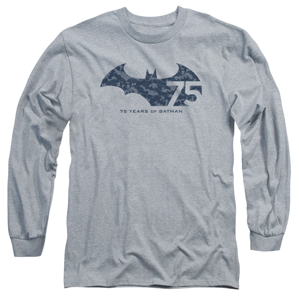 AN OFFCIALLY LICENSED BATMAN 75 YEAR COLLAGE MEN'S LONG SLEEVE T-SHIRT ATHLETIC HEATHER