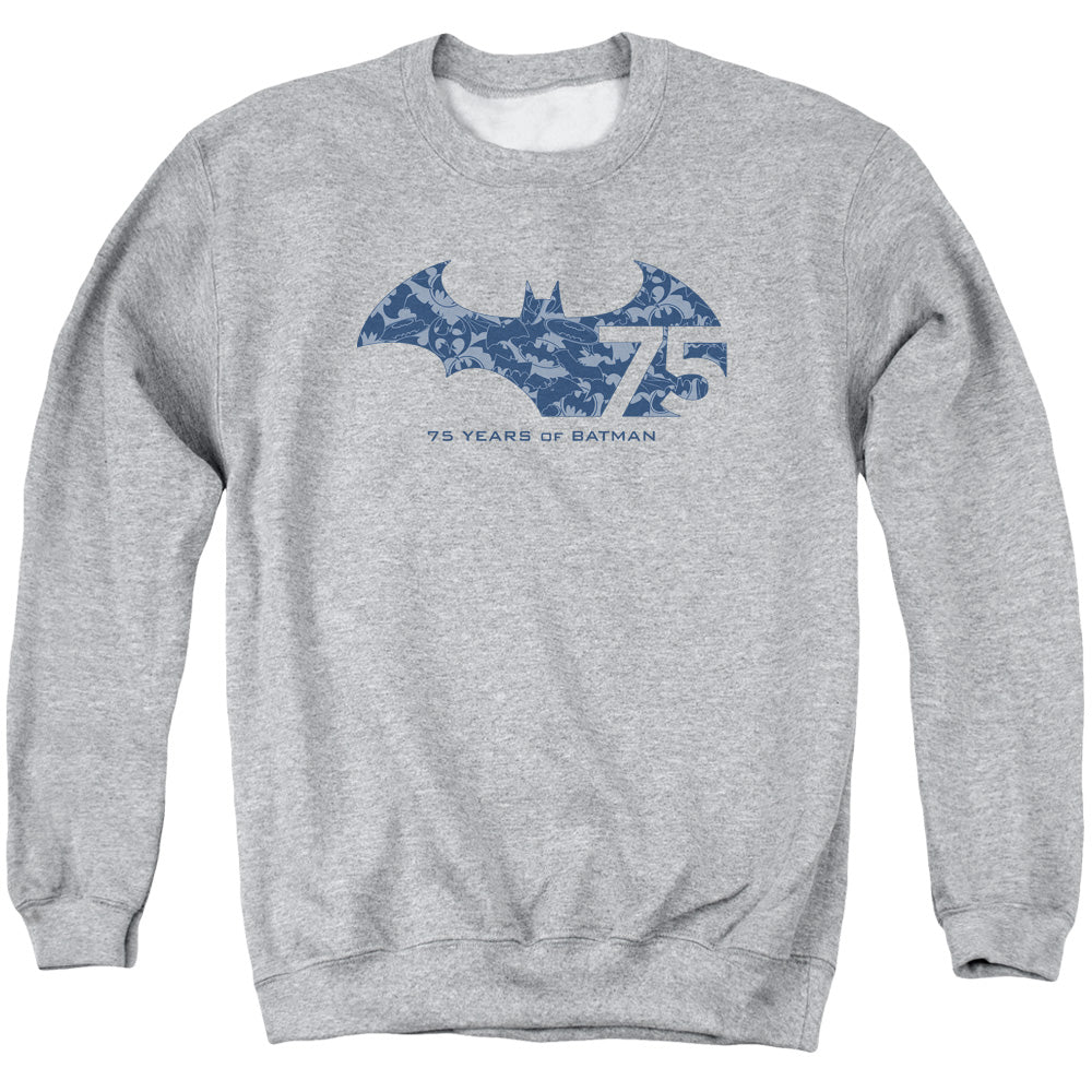 AN OFFCIALLY LICENSED BATMAN 75 YEAR COLLAGE ADULT UNISEX CREWNECK SWEATSHIRT ATHLETIC HEATHER