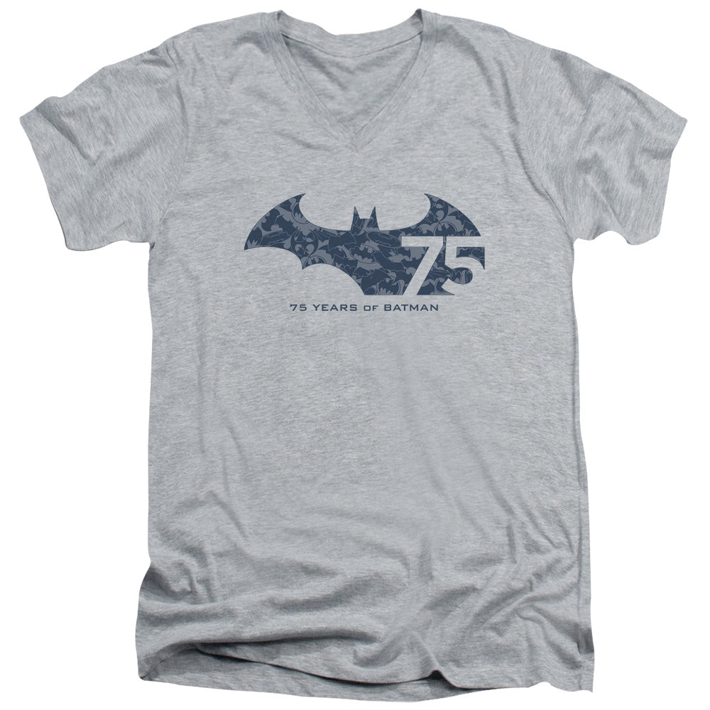 AN OFFCIALLY LICENSED BATMAN 75 YEAR COLLAGE MEN'S V-NECK T-SHIRT ATHLETIC HEATHER