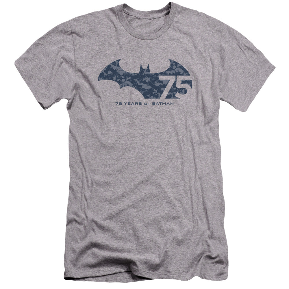 AN OFFCIALLY LICENSED BATMAN 75 YEAR COLLAGE MEN'S PREMIUM SLIM FIT T-SHIRT ATHLETIC HEATHER