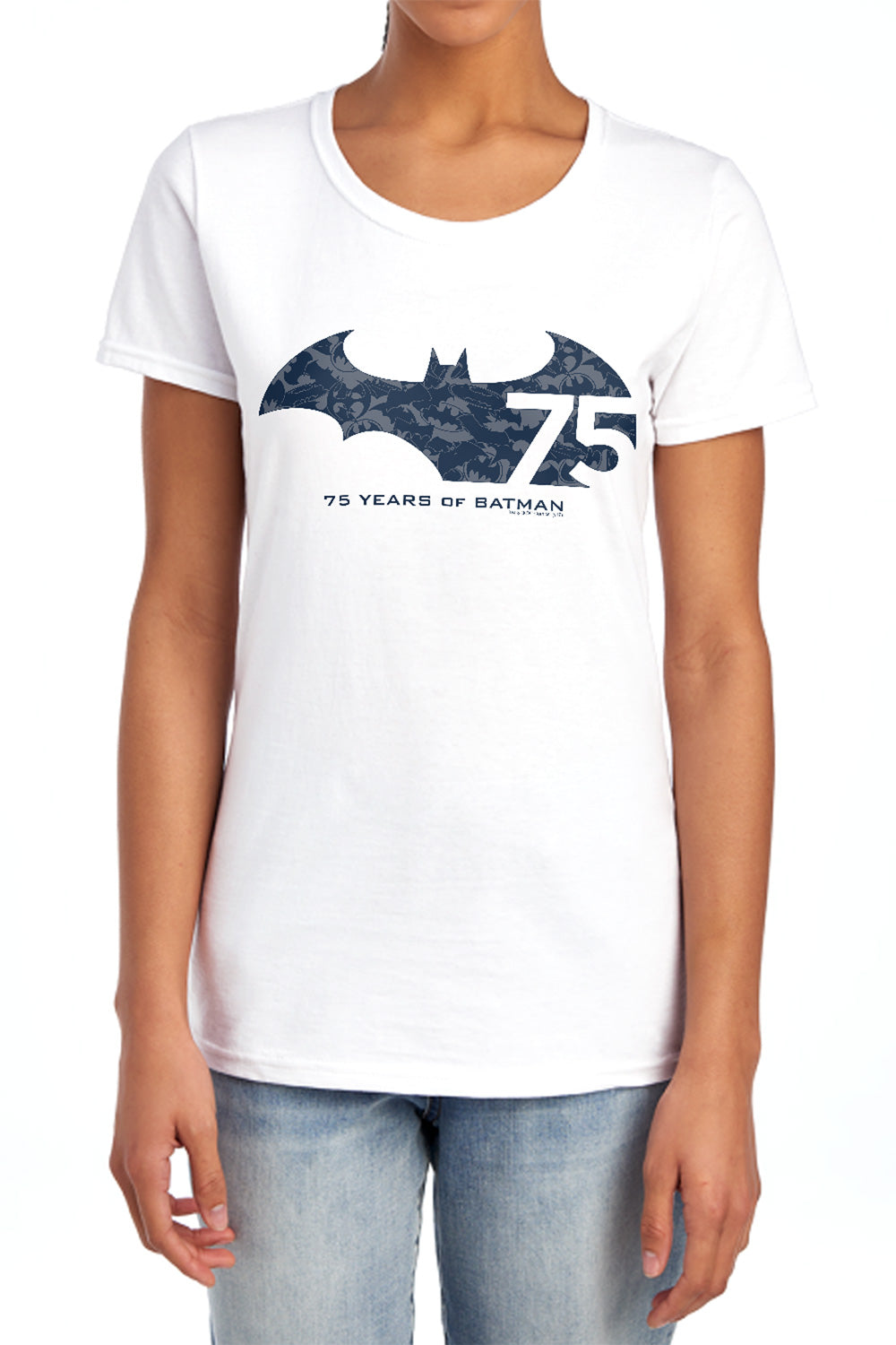 AN OFFCIALLY LICENSED BATMAN 75 YEAR COLLAGE WOMEN'S REGULAR FIT T-SHIRT ATHLETIC HEATHER