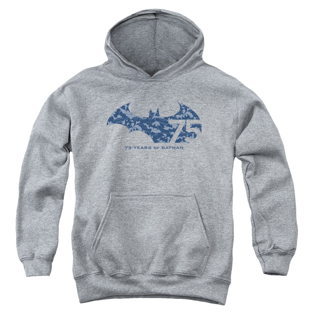 AN OFFCIALLY LICENSED BATMAN 75 YEAR COLLAGE YOUTH HOODIE ATHLETIC HEATHER