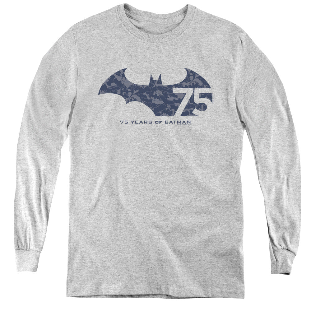 AN OFFCIALLY LICENSED BATMAN 75 YEAR COLLAGE YOUTH LONG SLEEVE T-SHIRT ATHLETIC HEATHER