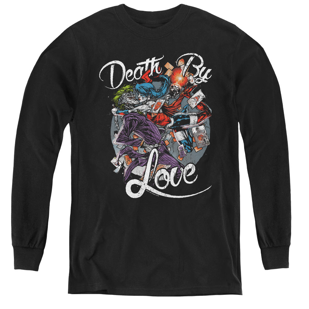 AN OFFCIALLY LICENSED BATMAN DEATH BY LOVE YOUTH LONG SLEEVE T-SHIRT BLACK