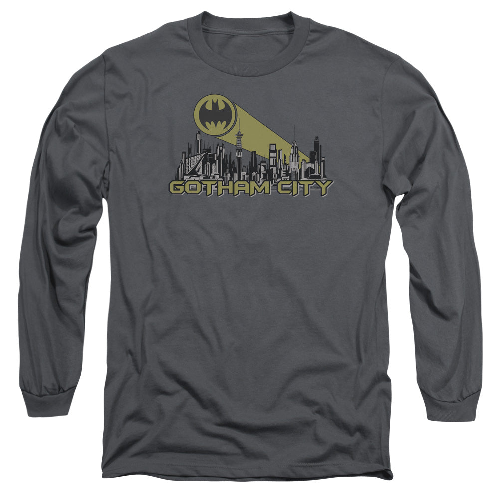 AN OFFCIALLY LICENSED BATMAN GOTHAM SKYLINE MEN'S LONG SLEEVE T-SHIRT CHARCOAL
