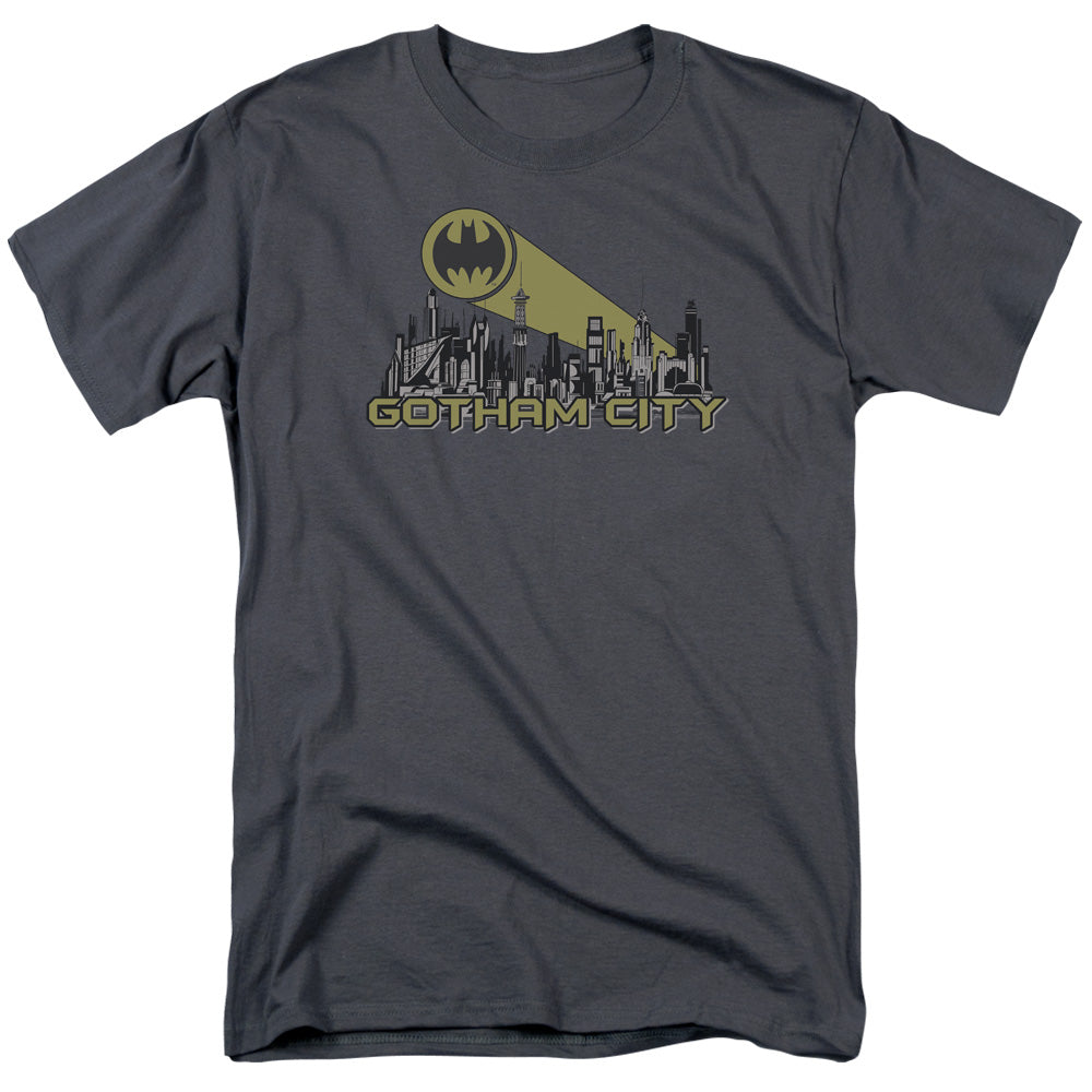 AN OFFCIALLY LICENSED BATMAN GOTHAM SKYLINE MEN'S REGULAR FIT T-SHIRT CHARCOAL