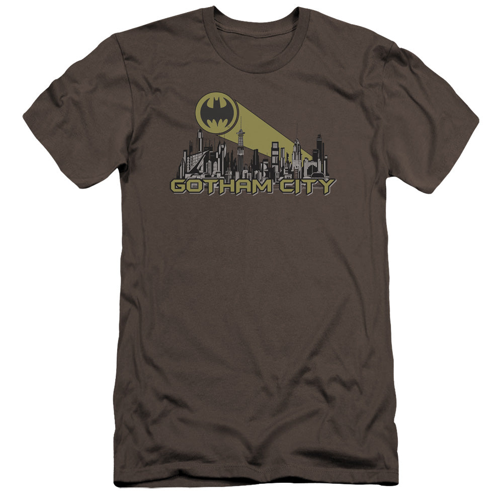 AN OFFCIALLY LICENSED BATMAN GOTHAM SKYLINE MEN'S PREMIUM SLIM FIT T-SHIRT CHARCOAL