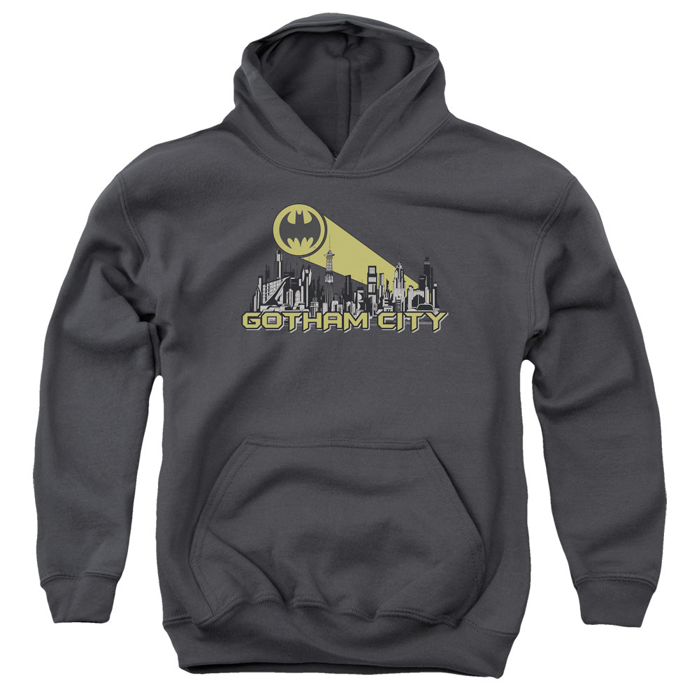 AN OFFCIALLY LICENSED BATMAN GOTHAM SKYLINE YOUTH HOODIE CHARCOAL