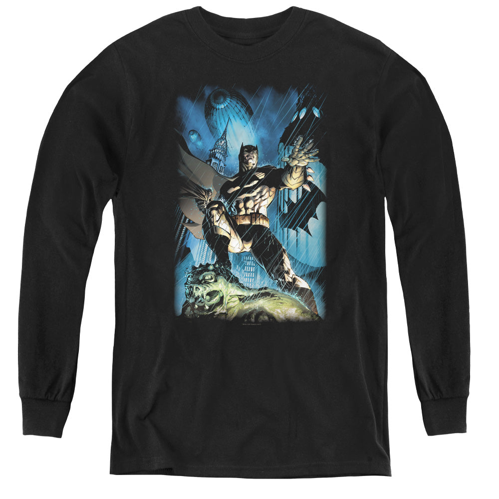 AN OFFCIALLY LICENSED BATMAN STORMY DARK KNIGHT YOUTH LONG SLEEVE T-SHIRT BLACK