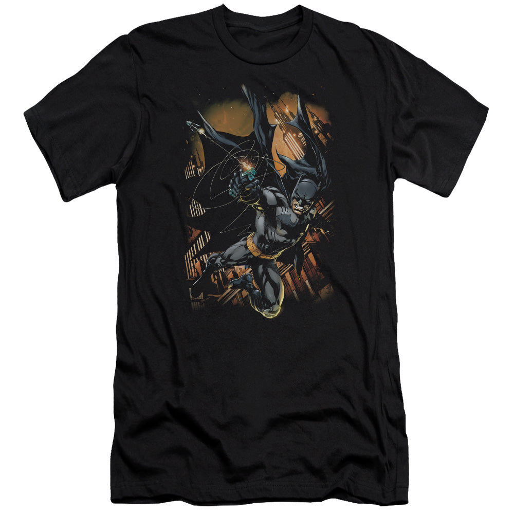 AN OFFCIALLY LICENSED BATMAN GRAPPLE FIRE MEN'S PREMIUM SLIM FIT T-SHIRT BLACK