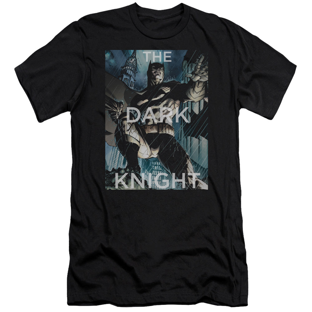 AN OFFCIALLY LICENSED BATMAN FIGHTING THE STORM MEN'S PREMIUM SLIM FIT T-SHIRT BLACK