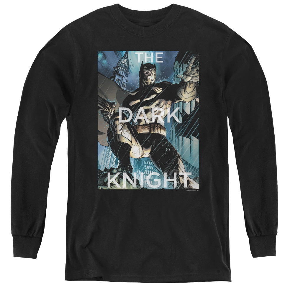 AN OFFCIALLY LICENSED BATMAN FIGHTING THE STORM YOUTH LONG SLEEVE T-SHIRT BLACK