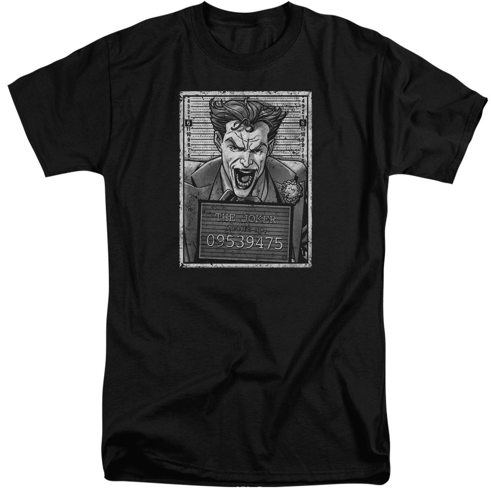 AN OFFCIALLY LICENSED BATMAN JOKER INMATE MEN'S TALL FIT T-SHIRT BLACK