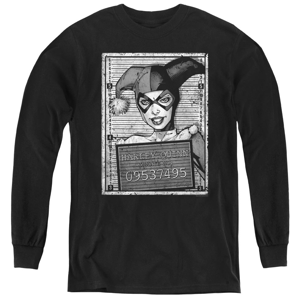 AN OFFCIALLY LICENSED BATMAN HARLEY INMATE YOUTH LONG SLEEVE T-SHIRT BLACK