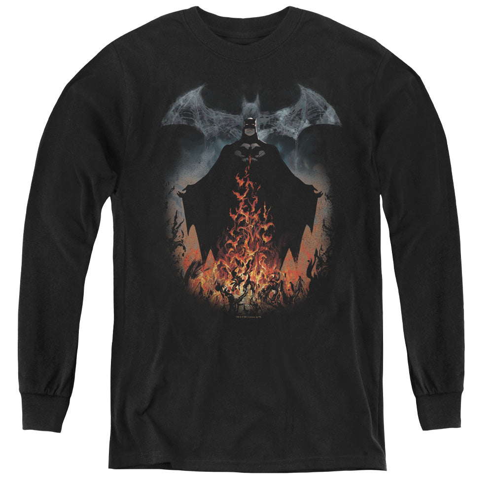 AN OFFCIALLY LICENSED BATMAN SMOKE & FIRE YOUTH LONG SLEEVE T-SHIRT BLACK