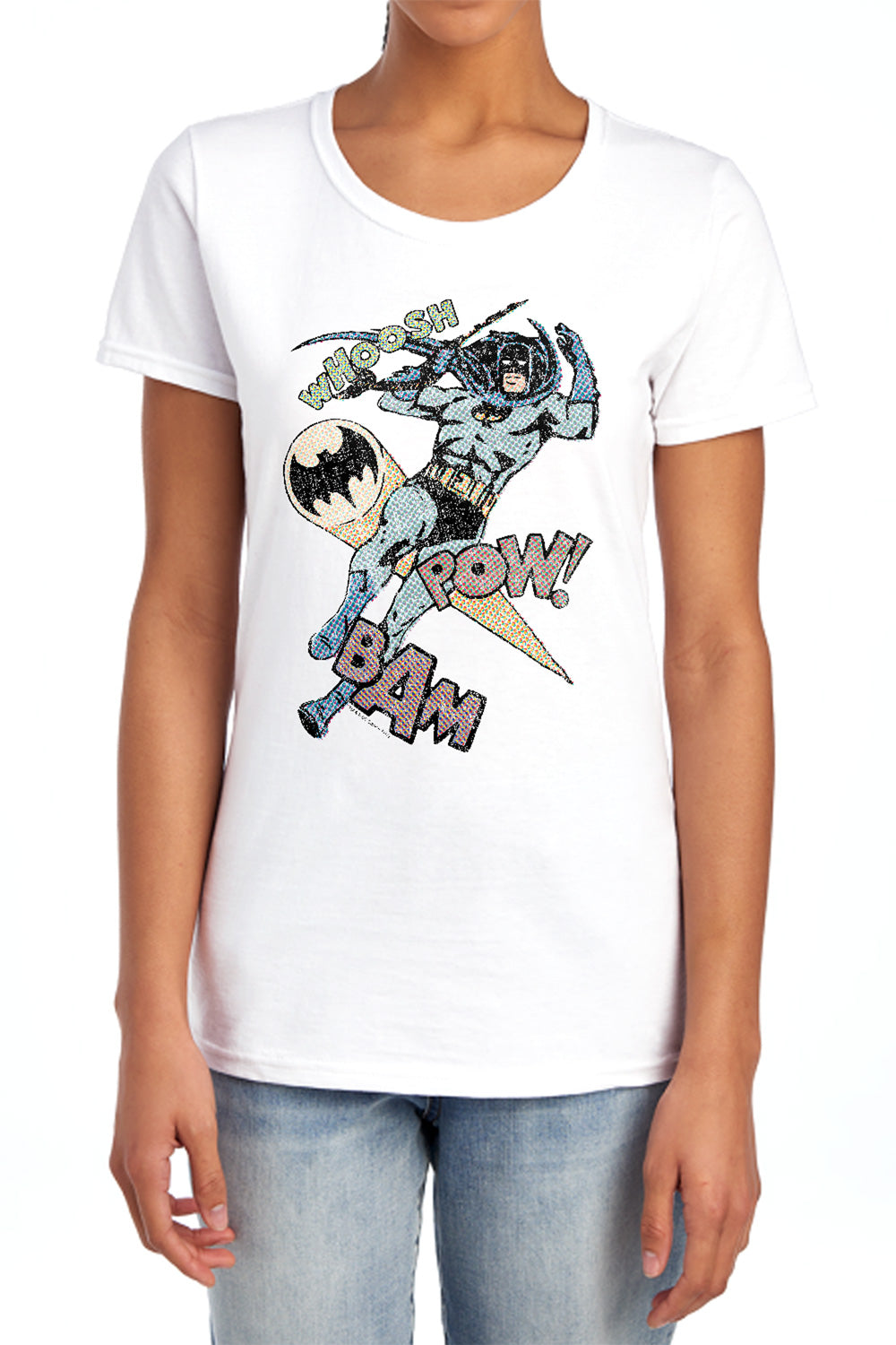 AN OFFCIALLY LICENSED BATMAN HALFTONE SWING WOMEN'S REGULAR FIT T-SHIRT WHITE