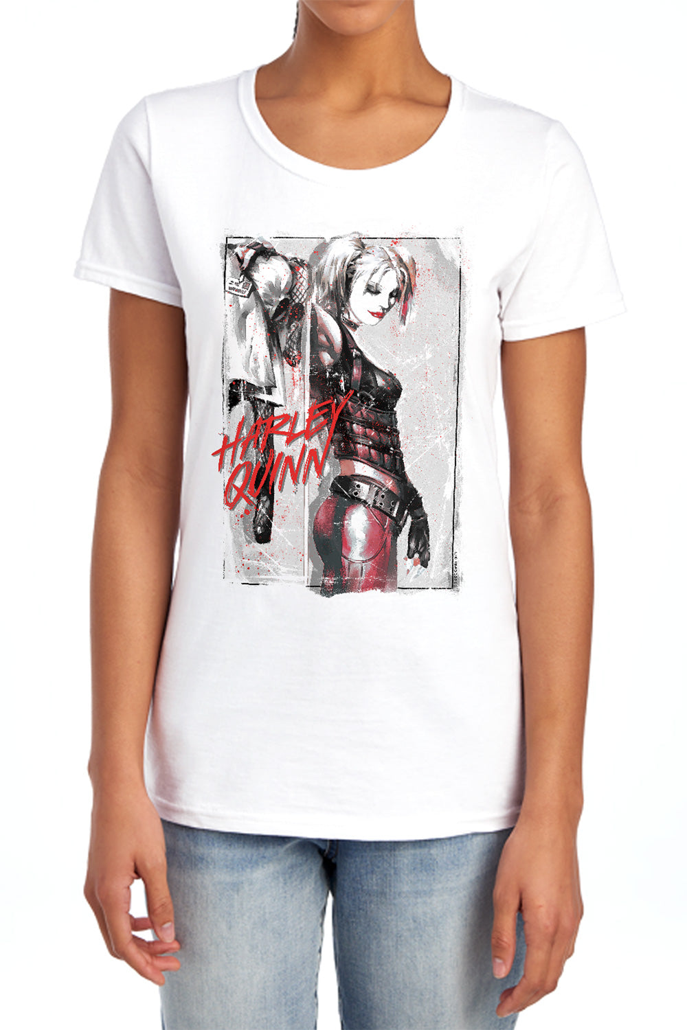 AN OFFCIALLY LICENSED BATMAN INK WASH HARLEY WOMEN'S REGULAR FIT T-SHIRT WHITE